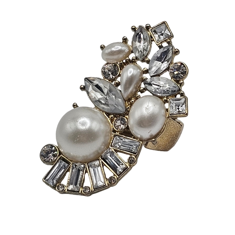 Statement Costume Ring with Faux Pearls & Rhinestones (Adjustable)
